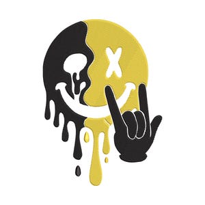 Könnte beinhalten: Ein schwarz-gelbes Smiley-Gesicht-Design mit einem Tropfeffekt. Das Design beinhaltet ein weißes Lächeln, ein 'X' für die Augen und eine Hand, die eine Rock'n'Roll-Geste macht.