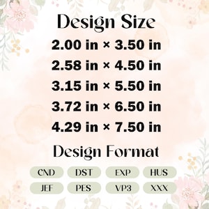 May include: A digital design image with the text "Design Size" and several size options in inches, such as 2.00 in x 3.50 in. Below, it lists "Design Format" with file type abbreviations like CND, DST, and EXP.
