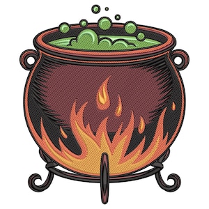 May include: A digitally rendered image of a cauldron with a bubbling green potion. The cauldron is dark red with black trim and handles, and sits above orange and yellow flames. The design is reminiscent of an embroidered patch.