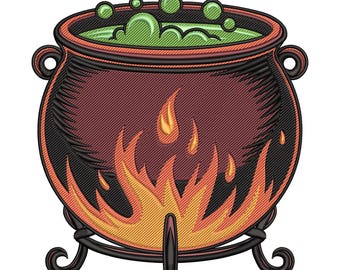 Witch Fire Cauldron Halloween Embroidery Design: Spooky Potion Pot Machine Embroidery Digital Instant File