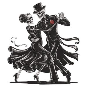 May include: An embroidered design featuring two skeletons dancing. The male skeleton wears a top hat and suit with a red rose. The female skeleton is in a flowing black dress. The image is a black and white illustration.