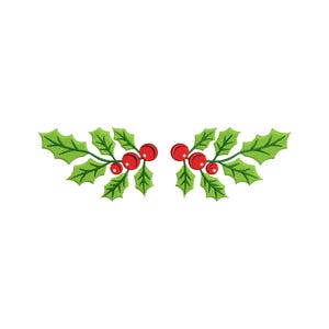 May include: Embroidered design of two holly sprigs with green leaves and red berries. The sprigs are arranged symmetrically, ideal for holiday-themed crafts or decorations. The design is set against a white background.