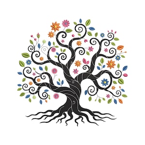 Pode incluir: Ilustração estilizada de uma árvore com tronco e galhos pretos, adornada com flores coloridas e folhas verdes. O design apresenta redemoinhos intrincados e um sistema radicular detalhado, sobre um fundo branco.
