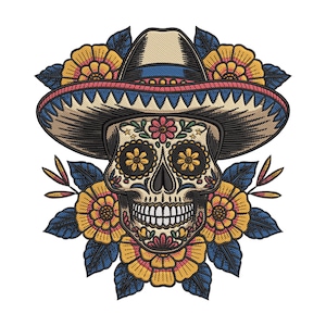 Puede incluir: Calavera de azúcar bordada con sombrero, rodeada de flores amarillas y azules. La calavera tiene diseños florales en los ojos y un patrón decorativo detallado. El sombrero es de color beige con ribetes azules y rojos. El diseño está sobre un fondo blanco.