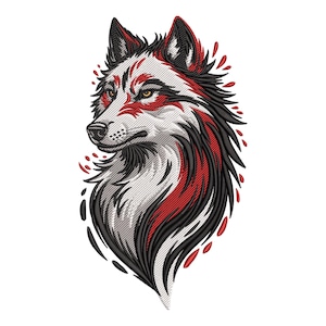 May include: Embroidered wolf head design in white, black, and red. The wolf's fur is white with red and black accents. The design features a detailed, stylized depiction of a wolf's face and neck, with a focus on the animal's features.