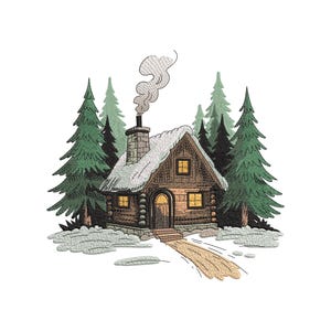May include: An embroidered image of a rustic cabin surrounded by fir trees. The cabin features a snow-laden roof, a stone chimney with rising smoke, and illuminated windows. A path leads to the entrance, depicting a winter setting.