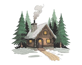 Cozy Winter Cabin in the Woods Embroidery Design, Home Snow Scene Machine Embroidery File
