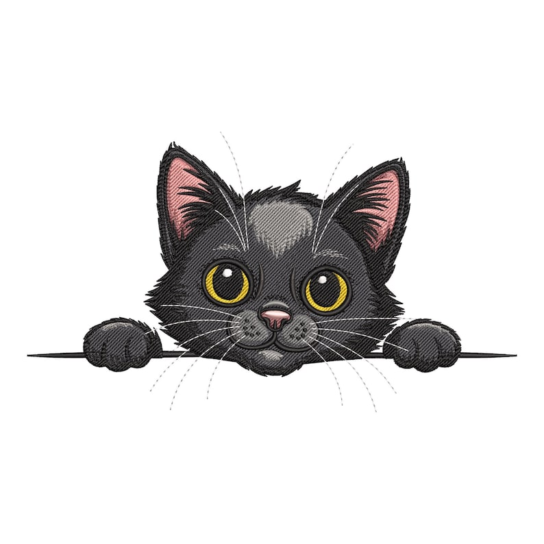 May include: A black cat with large yellow eyes and pink inner ears peeks over a white surface. The cat's paws are visible, and it has a pink nose and long white whiskers. The image is a cartoon-style illustration.