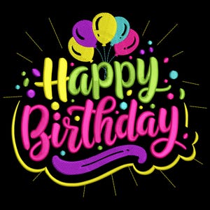 Puede incluir: Un gráfico vibrante con las palabras "Happy Birthday" en colores brillantes. El texto está en una fuente cursiva juguetona, con un contorno rosa y amarillo. Globos en amarillo, morado y turquesa flotan sobre el texto, con confeti esparcido.