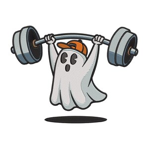 May include: A cartoon ghost wearing an orange baseball cap is lifting a barbell with weights. The ghost is white with black eyes and mouth. The barbell and weights are gray and silver. The image has a white background.