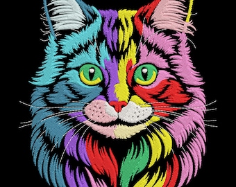 Diseño de bordado de gato arcoíris, diseño de bordado a máquina de gato, archivo de bordado para amantes de los gatos, archivo de bordado de gato (PES, EMB, HUS, Cnd, Vp3)