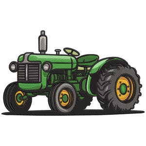 Könnte beinhalten: Illustration eines grünen Traktors mit schwarzen Reifen und gelben Felgen. Der Traktor hat ein silbernes Auspuffrohr und Scheinwerfer. Es ist ein klassisches landwirtschaftliches Fahrzeug.