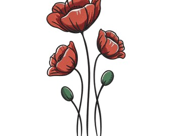 Red Poppy Flower Embroidery Design, Floral Nature Machine Embroidery File, Instant Download
