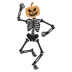 May include: A Halloween-themed embroidered design featuring a dancing skeleton with a jack-o'-lantern head. The skeleton is black, with a detailed rib cage, limbs, and hands. The pumpkin head is orange with carved eyes and a mouth. The design is on a white background.