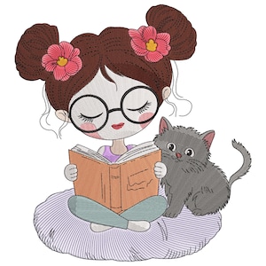 May include: An embroidered design of a girl with brown hair in buns, wearing glasses, reading a book, with a gray cat. The girl is wearing a purple shirt and blue pants, and is sitting on a striped pillow. Pink flowers adorn her hair.