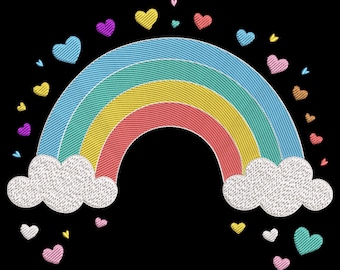 May include: Embroidered rainbow design with blue, green, yellow, and red arches, white clouds, and colorful hearts on a black background. The rainbow is a symbol of hope and positivity, perfect for apparel and accessories.
