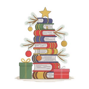 Puede incluir: Ilustración de un árbol de Navidad formado por libros apilados con lomos coloridos. El árbol está decorado con adornos y una estrella. Dos regalos envueltos se encuentran en la base del árbol, creando una escena festiva.