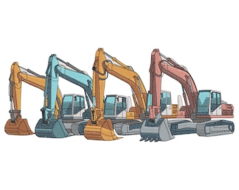 Excavators in Line Embroidery Design, Construction Bulldozer Machines Embroidery Digitized File,
