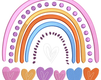 May include: A colorful rainbow design with a pink outer arch, yellow, orange, and blue inner arches, and a row of embroidered hearts in various colors. The rainbow has purple dot accents.