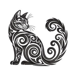 May include: A black and white illustration of a cat in a sitting pose. The cat's body is decorated with swirling patterns. The tail is long and curved, with a similar design. The image is set against a white background.