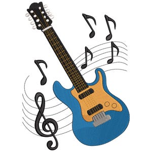 Op de afbeelding: Een blauwe en bruine elektrische gitaar met zwarte muzieknoten en een G-sleutel op een witte achtergrond. De gitaar heeft een zwarte kop en toets, met een bruin gekleurde slagplaat en body. De muzieknoten zijn verspreid rond de gitaar.