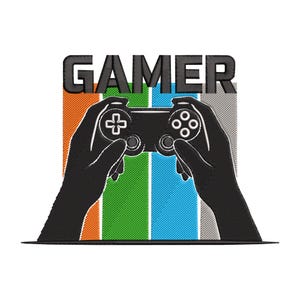 May include: An embroidered patch featuring the word GAMER in bold black letters above a black game controller held by two black hands. The background consists of vertical stripes in orange, green, blue, and gray, creating a vibrant design.
