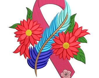 Floral Awareness Ribbon Embroidery Design, Sunflower Ribbon Embroidery File, Cancer Ribbon Embroidery File, Breast Cancer Embroidery