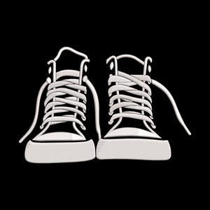 May include: A pair of white high-top sneakers with white laces, set against a black background. The shoes are depicted in a detailed, embroidered style, showcasing the laces and the overall shape of the footwear.