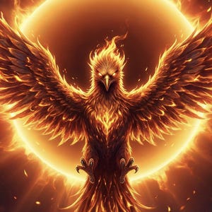 Könnte beinhalten: Digitales Kunstwerk eines Phönix mit flammenden Flügeln vor einer hellorangen Sonne. Die Uhrzeit 14:48 wird oben angezeigt, darunter das Datum. Am unteren Rand steht "Zum Öffnen streichen".