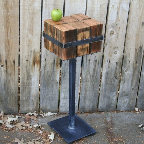 Handmade scrap metal and wood accent table