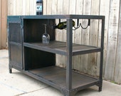 Industrial metal and reclaimed industrial wood table, wine/liquor cabinet, vintage mini bar, urban kitchen cart