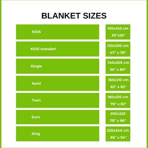 May include: A green and white chart titled "BLANKET SIZES" displays dimensions for various blanket sizes. Sizes include Kids (39" x 55"), Kids Standard (47" x 78"), Single (55" x 80"), Semi (63" x 82"), Twin (70" x 82"), Euro (78" x 86"), and King (86" x 94").