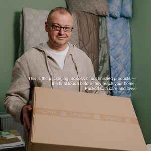 May include: A man wearing glasses holds a large cardboard box with the brand name "LUKONO" on the tape. The text on the image reads: "This is the packaging process of our finished products - the final touch before they reach your home. Packed with care and love."