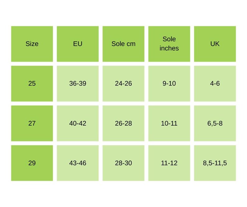 May include: A shoe size conversion chart with green and white blocks. The chart includes sizes 25, 27, and 29, with corresponding EU, sole cm (24-30 cm), sole inches (9-12 inches), and UK sizes.