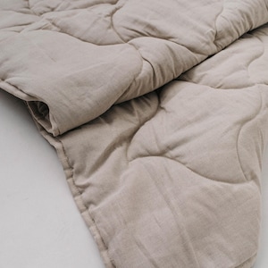 May include: A beige, quilted blanket with a soft, textured appearance. The blanket is folded over, showcasing the stitched pattern and the natural color of the fabric. The neutral tone suggests a focus on comfort and simplicity.