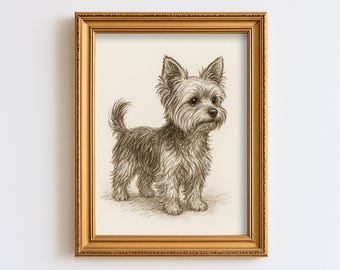 May include: A framed pencil sketch of a Yorkshire Terrier dog. The artwork features a detailed drawing of the small dog with a fluffy coat in shades of gray and brown. The frame is gold-colored and rectangular, with a simple, elegant design.