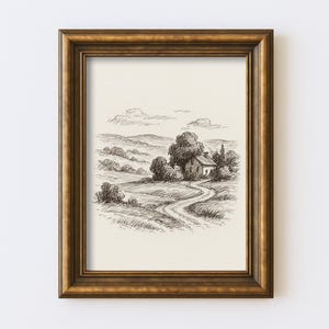 Vintage Landscape Sketch Drawing Minimal Nature Line Wall Art Illustration Antique Cottagecore Farmhouse Rustic Print