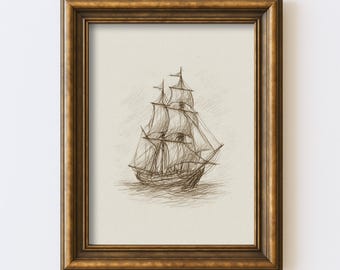 Vintage Sailboat Sketch Print Nautical Line Wall Art Maritime Illustration Coastal Drawing Digital Instant Download