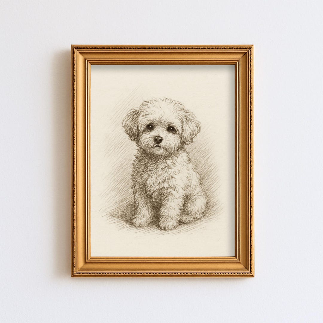 Vintage Maltipoo Dog Sketch Drawing Pet Minimal Line Wall Art ...