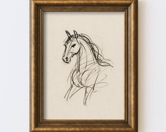 Croquis de cheval abstrait vintage dessin minimaliste ligne équestre Art mural Illustration ancienne ferme Cottagecore impression rustique