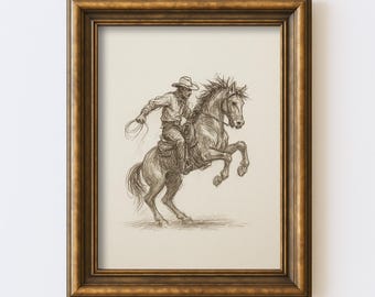 Szkic kowboja na dzikim koniu, wydruk, sztuka ścienna w stylu western, rysunek, ilustracja, styl vintage, rustykalny, rustykalny wystrój wiejski