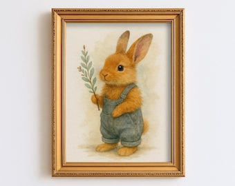 Vintage Rabbit Nursery Print Baby Boy Room Bunny Animal Art Cottagecore Farmhouse Rustic Print Children Woodland Decor Wall Art