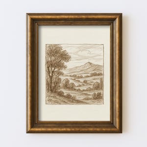 Vintage Landscape Sketch Drawing Minimal Nature Line Wall Art Illustration Antique Cottagecore Farmhouse Rustic Print
