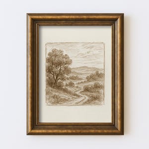 Vintage Landscape Sketch Drawing Minimal Nature Line Wall Art Illustration Antique Cottagecore Farmhouse Rustic Print