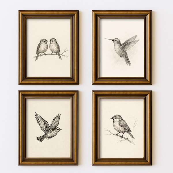 Conjunto de 4 pájaros vintage con bocetos antiguos, minimalistas, líneas de naturaleza, arte mural, ilustración, estilo cottagecore, impresión rústica de granja.