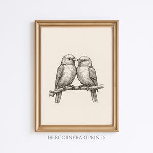Vintage Lovebirds Paar Skizze Bleistift Zeichnung Kinderzimmer Linie Wand Kunst Kinder Babyzimmer Wald Antik Cottagecore Bauernhaus rustikalen Druck