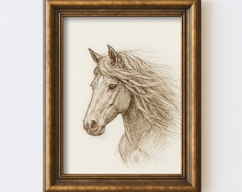 Croquis de cheval vintage dessin minimaliste ligne Nature Art mural Illustration impression d'art mural rustique ferme Cottagecore antique