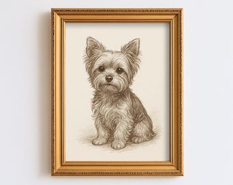 May include: A framed sepia-toned pencil sketch of a Yorkshire Terrier dog. The dog is sitting, facing forward, with detailed fur and large eyes. The frame is gold-colored with a detailed border. The artwork is displayed against a white background.