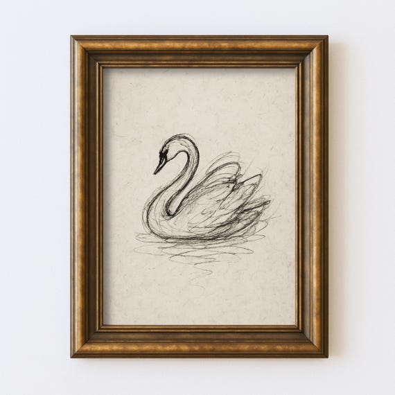 Vintage Swan Sketch Minimal  Drawing Nature Line Wall Art Illustration Cottagecore Farmhouse Rustic Nursery Print