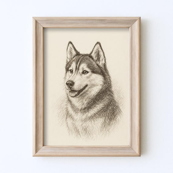 Vintage Siberian Husky Dog Sketch Drawing Pet Minimal Line Wall